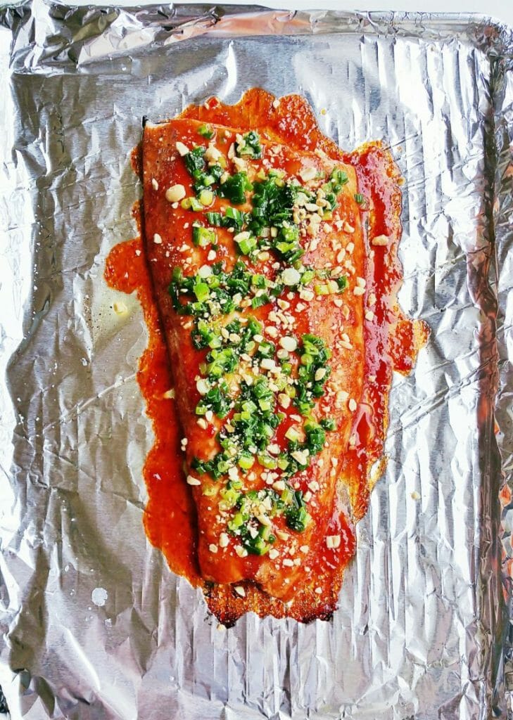 Thai style sweet chili grilled salmon topped with scallion oil