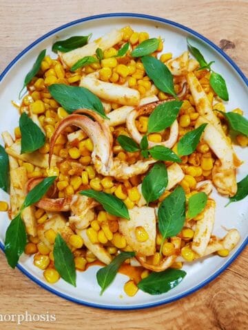 Cajun style sauteed squid with corn