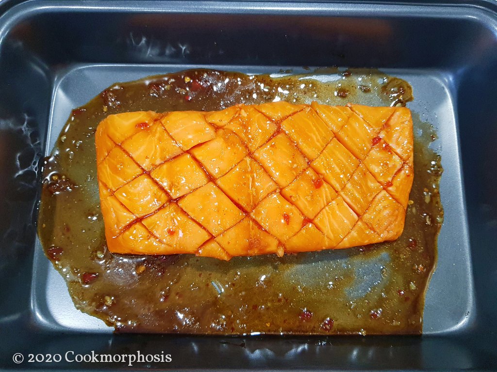 Thai sticky sweet chili grilled salmon marinated in Mae Ploy sauce