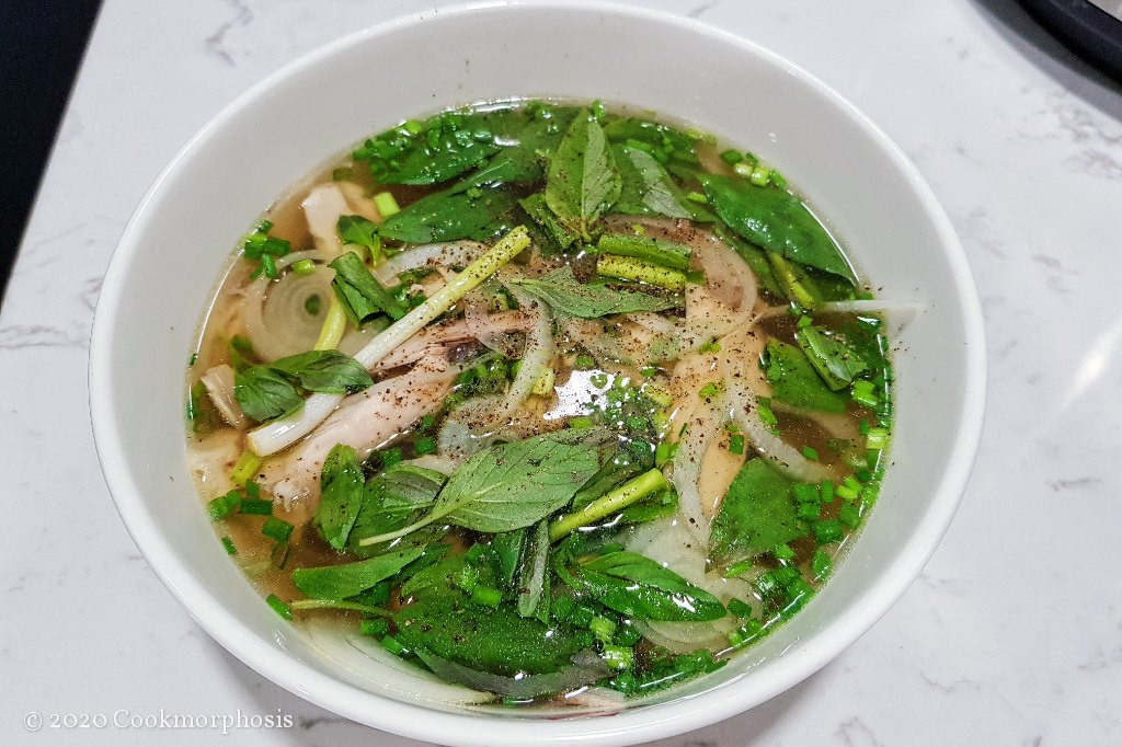 pho soup with white scallion, chopped green onion, and picked cualantro