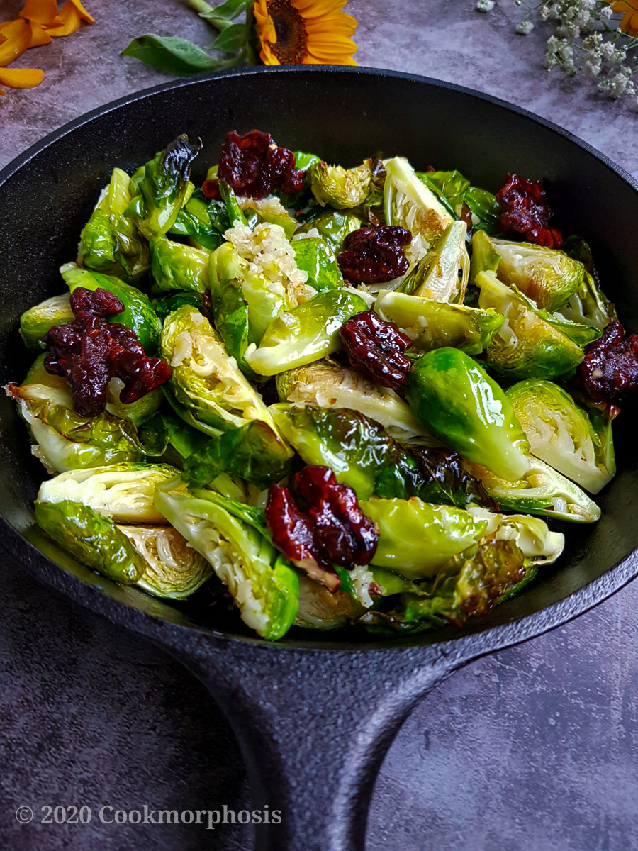 a pan of brussels sprout with candied pecans