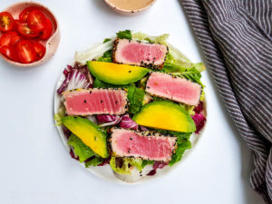 tuna avocado salad with asian style creamy ginger dressing