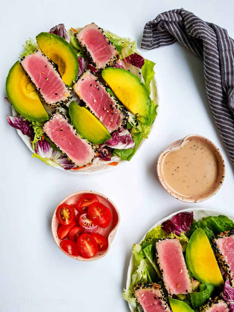 tuna avocado salad with creamy asian style ginger dressing