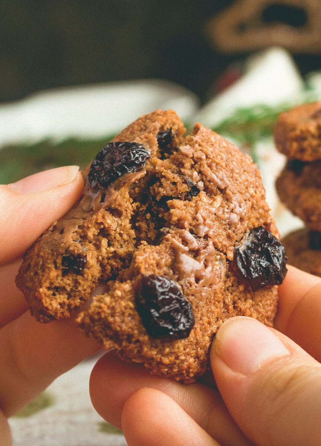 a cranberry oat cookie is broken in half