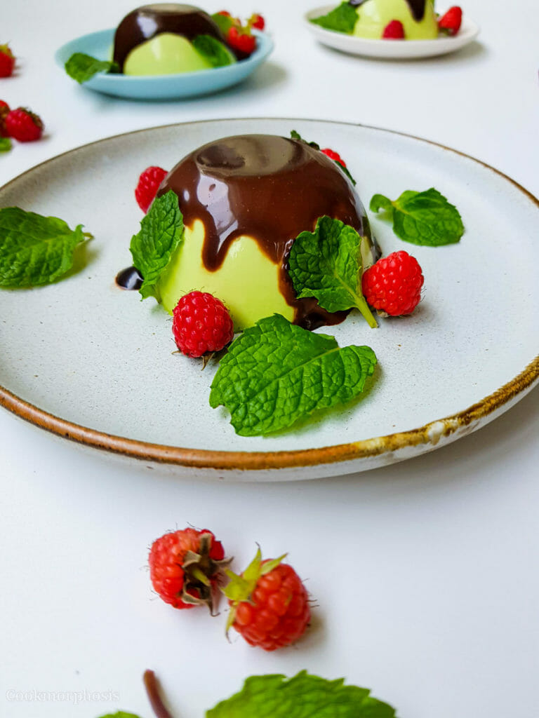 chocolate pandan panna cotta garnished with mint leaves and fresh raspberry