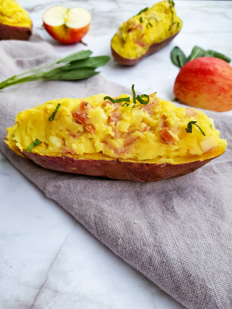 creamy baked sweet potatoes with spam and apple