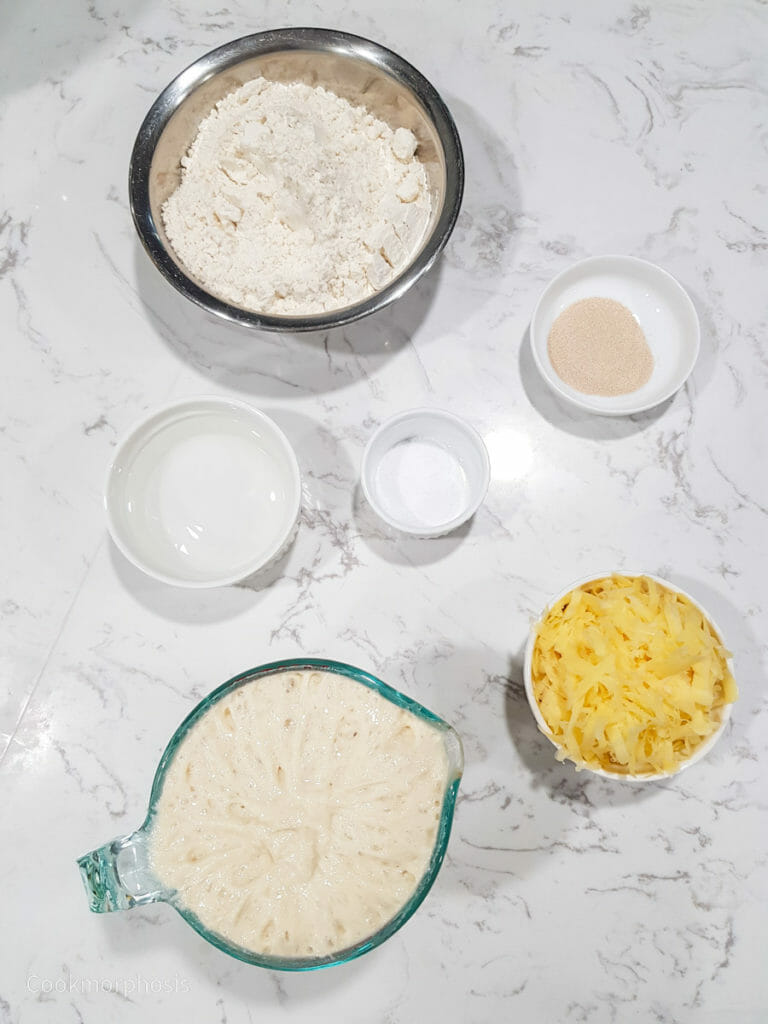 ingredients needed to make this homemade artisan cheddar cheese bread