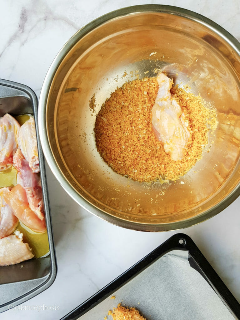 chicken drum dredge in parmesan, panko, and seasoning mixture