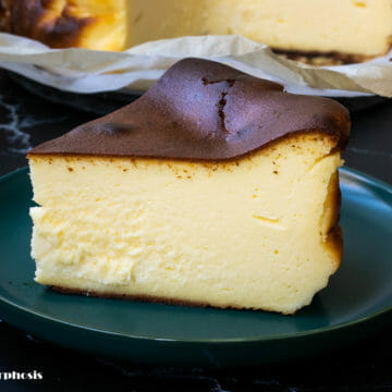 1 slice of classic basque burnt cheesecake, a creamy no crust cheesecake