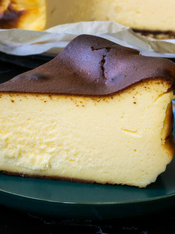 1 slice of classic basque burnt cheesecake, a creamy no crust cheesecake