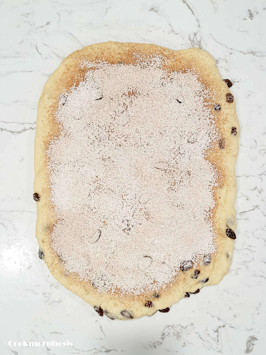 dust cinnamon filling on top of raisin bread dough