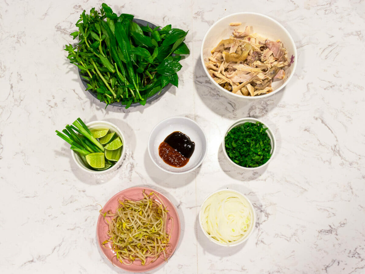 sides and toppings of chicken pho including fresh herbs, white onion, and bean sprout