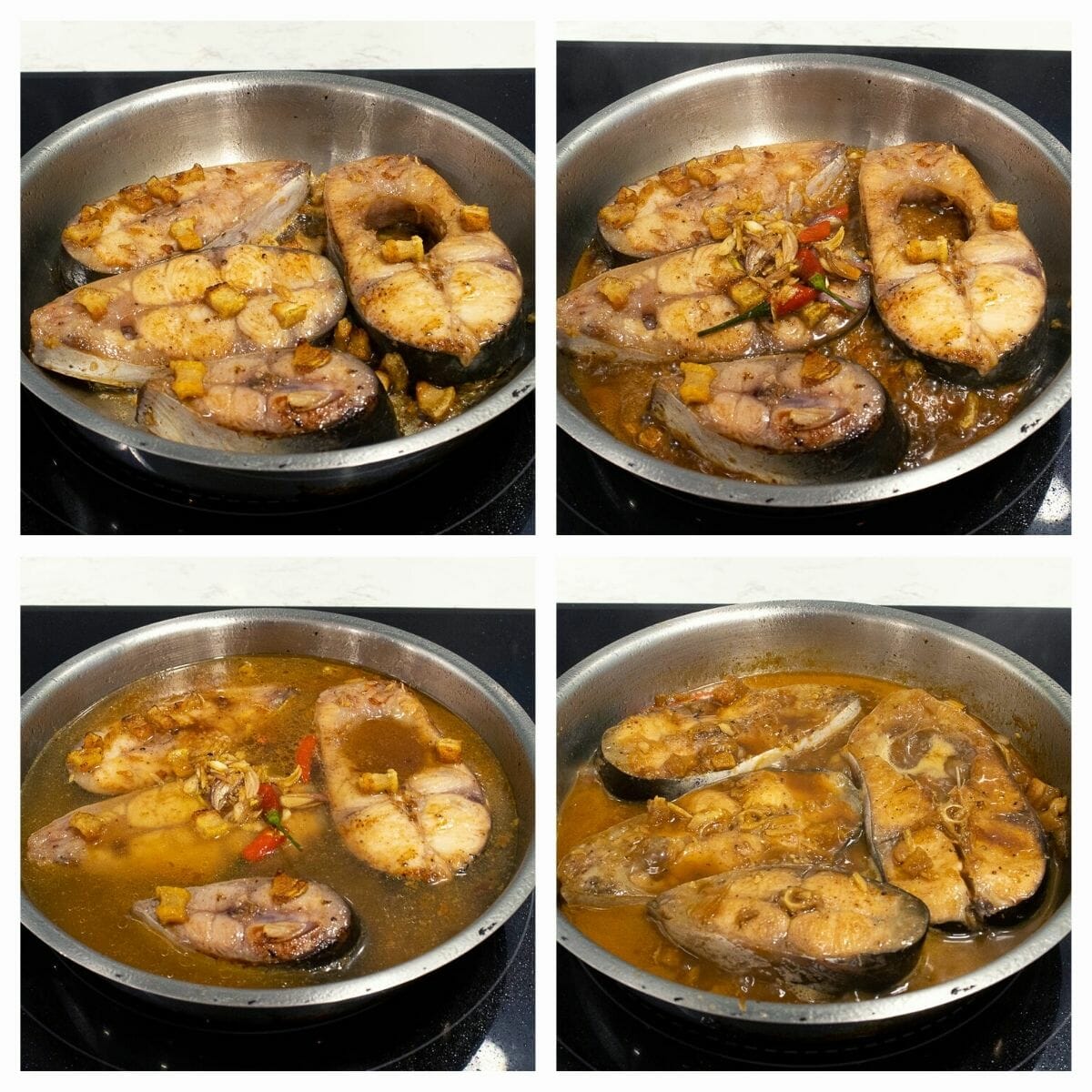 the last 4 steps of making caramelized braised fish
