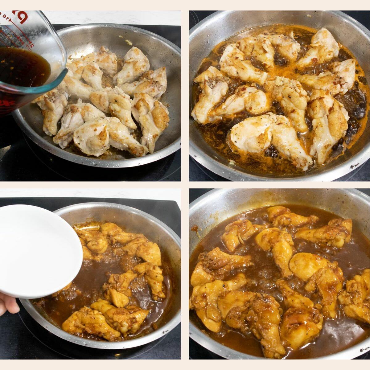add the sauce and slurry to pan fried chicken drumettes to make savory chicken