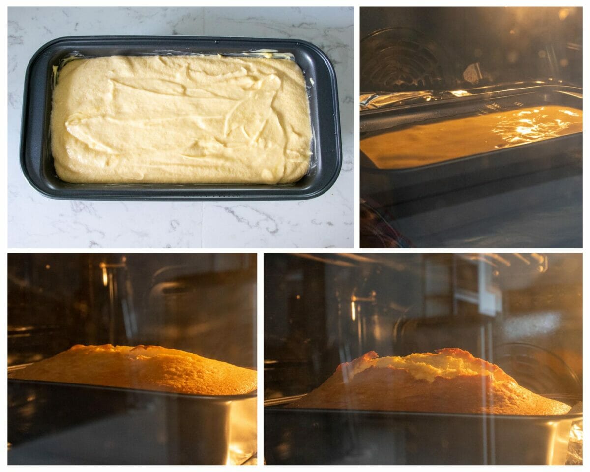 stages of butter pound cake in the oven from batter to finish