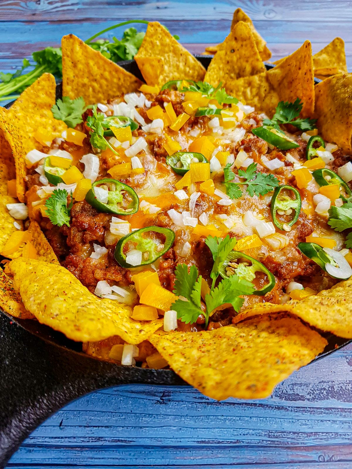 a pan of nachos topped with mexican corn chips, jalapeno, cilantro, yellow bell pepper and white onion