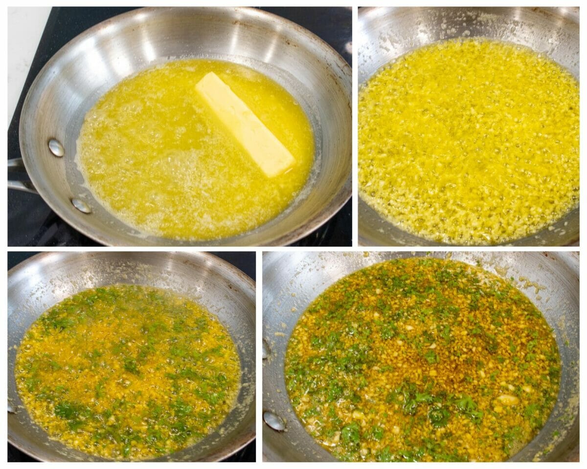 melted butter on a pan then add spice mixture and chopped parsley to it