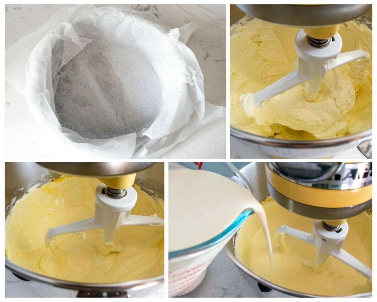steps to make basque cheesecake: line baking pan, cream cream cheese, add eggs, then add heavy cream