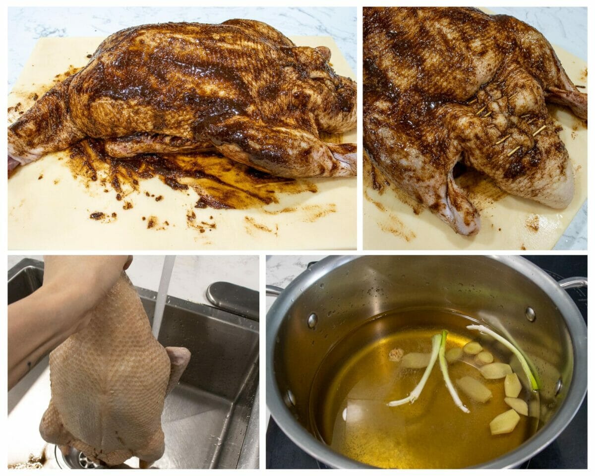 rub the duck with a spice mixture then rinse it under cold water and prepare a hot pot of water