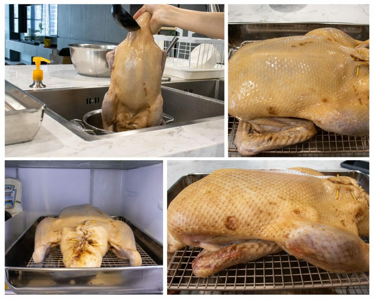rinse the duck with boiling vinegar mixture then put it on a wire rack over a baking pan