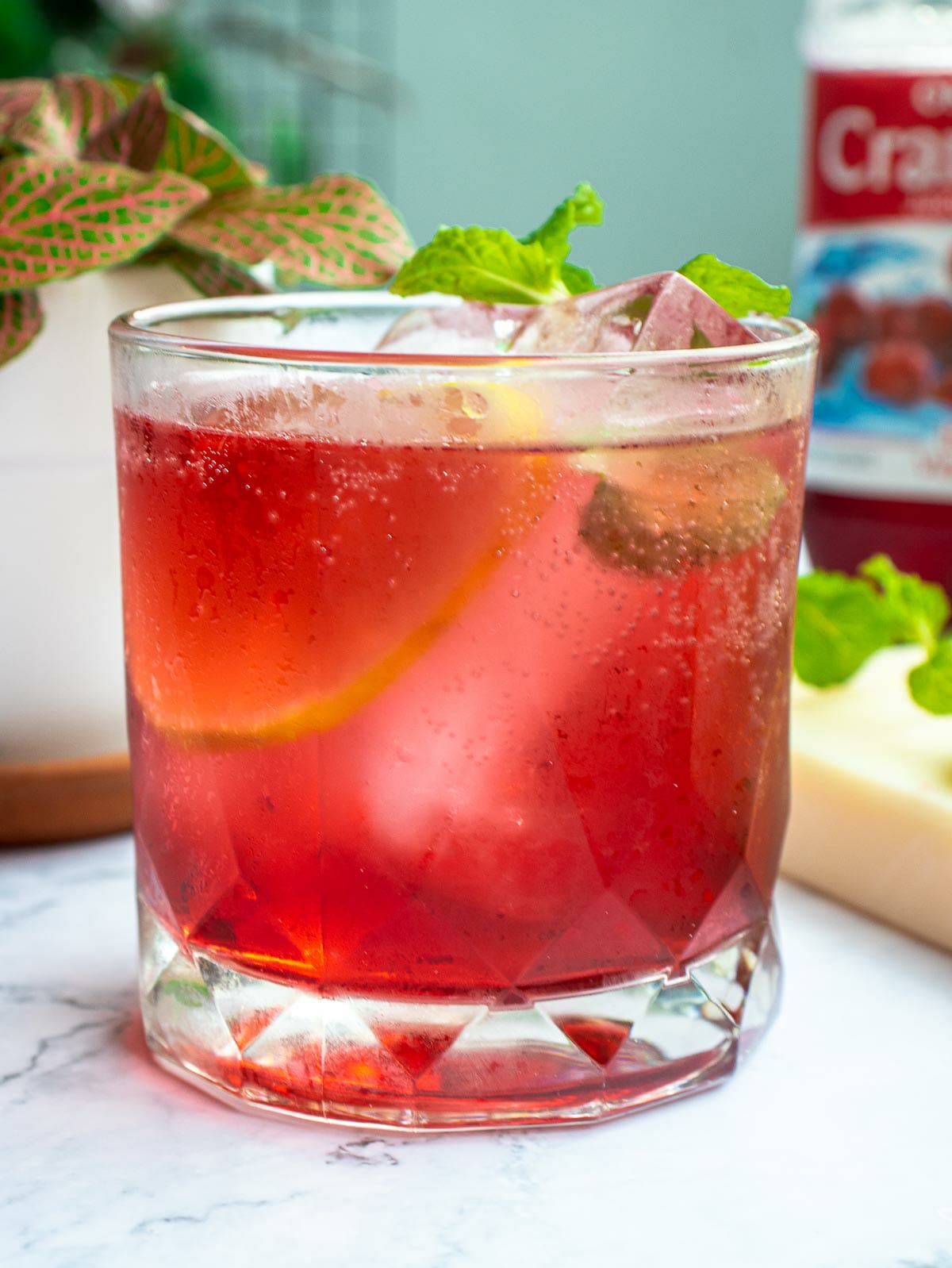 a glass of non-alcoholic cranberry spritzer