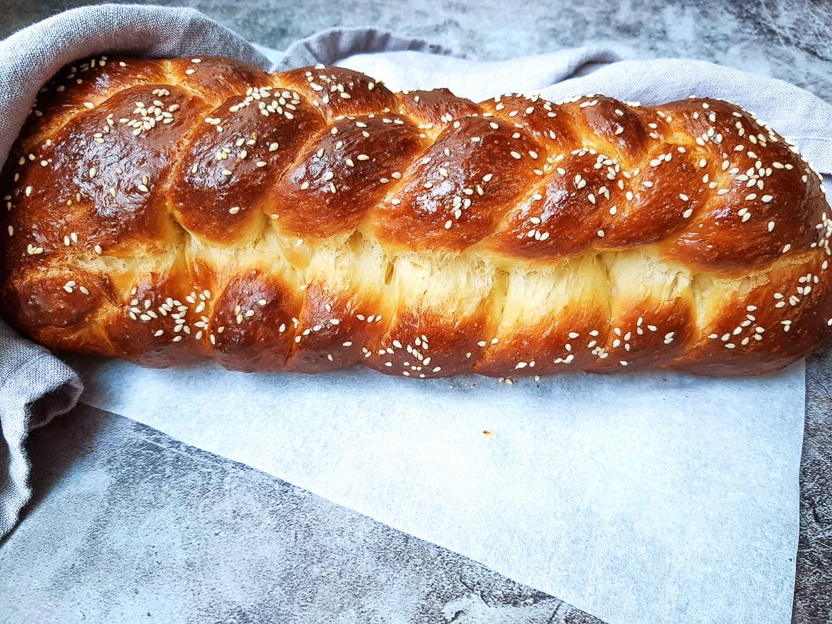 a side view of a challah bread