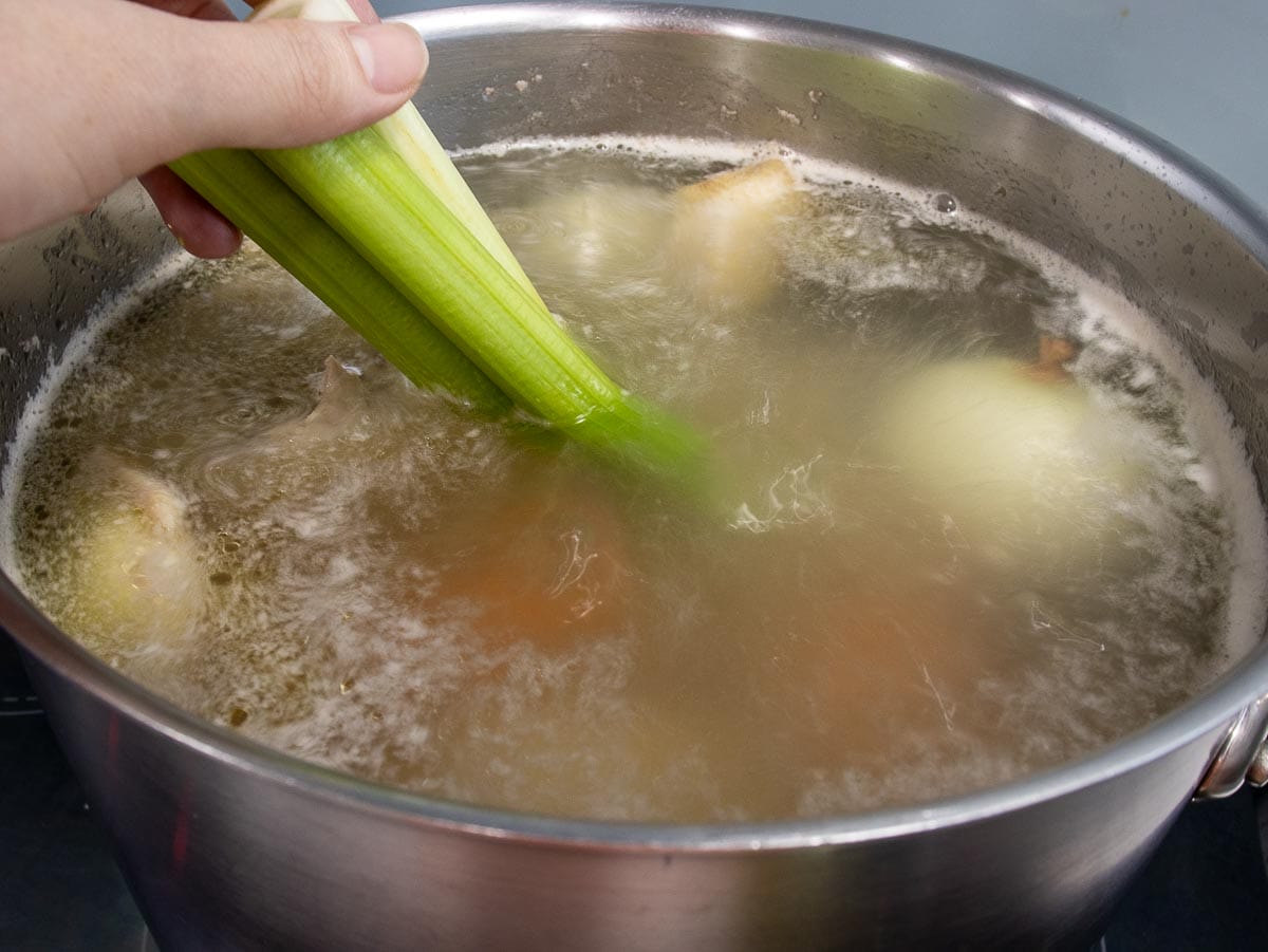 Add the mirepoix to the boiling chicken stock pot