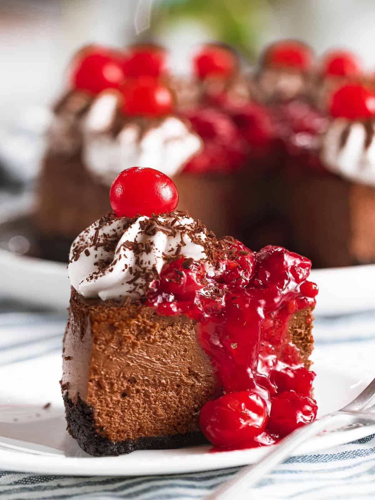 a slice of black forest cheescake topped with cranberry sauce and whipped cream