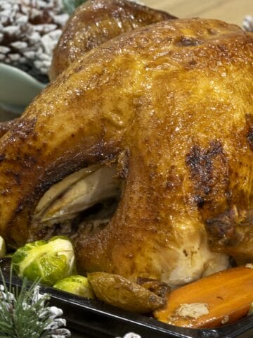 A whole roasted turkey put on a black tray with brussel sprouts and carrot