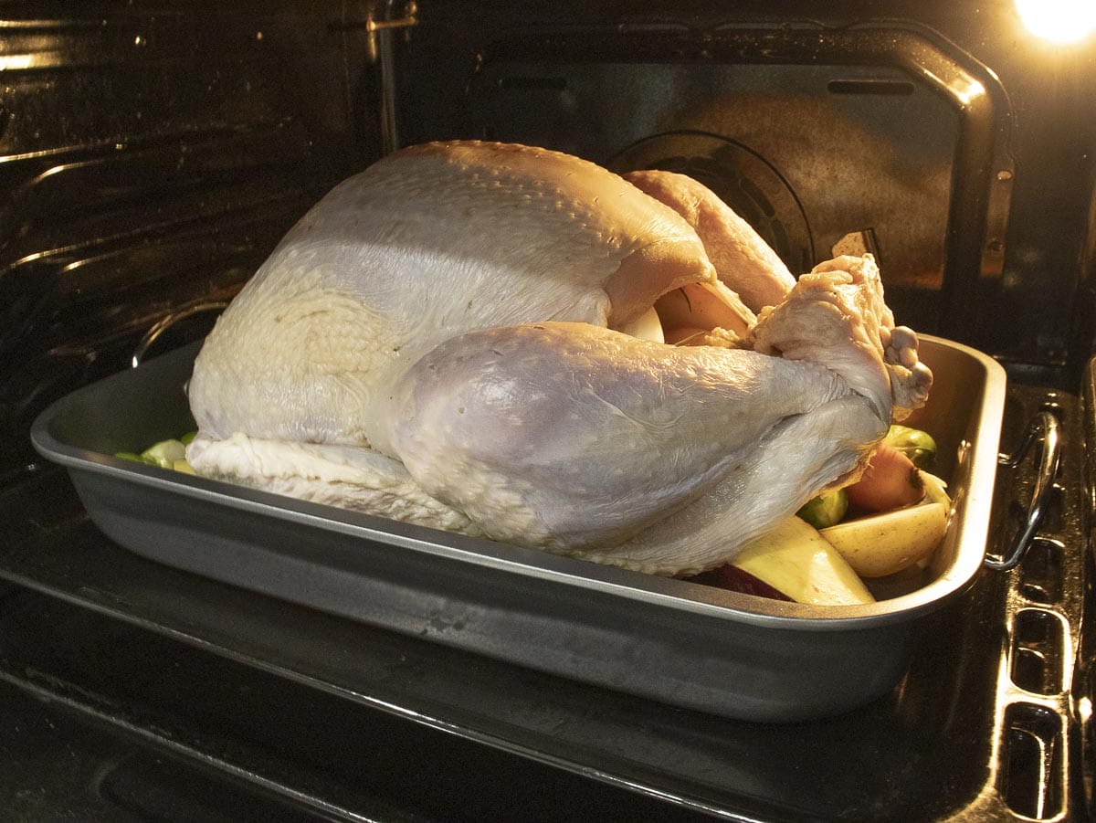 a turkey is put in an oven