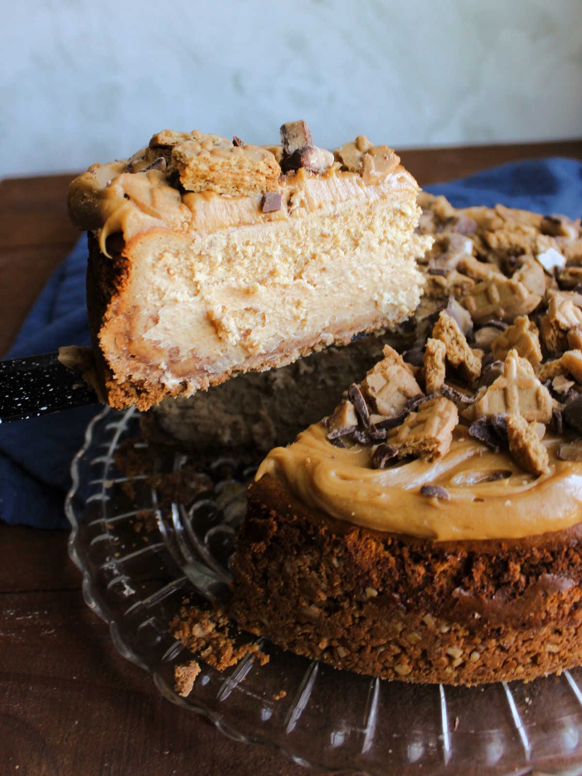 a slice of peanut butter toffee cheesecake