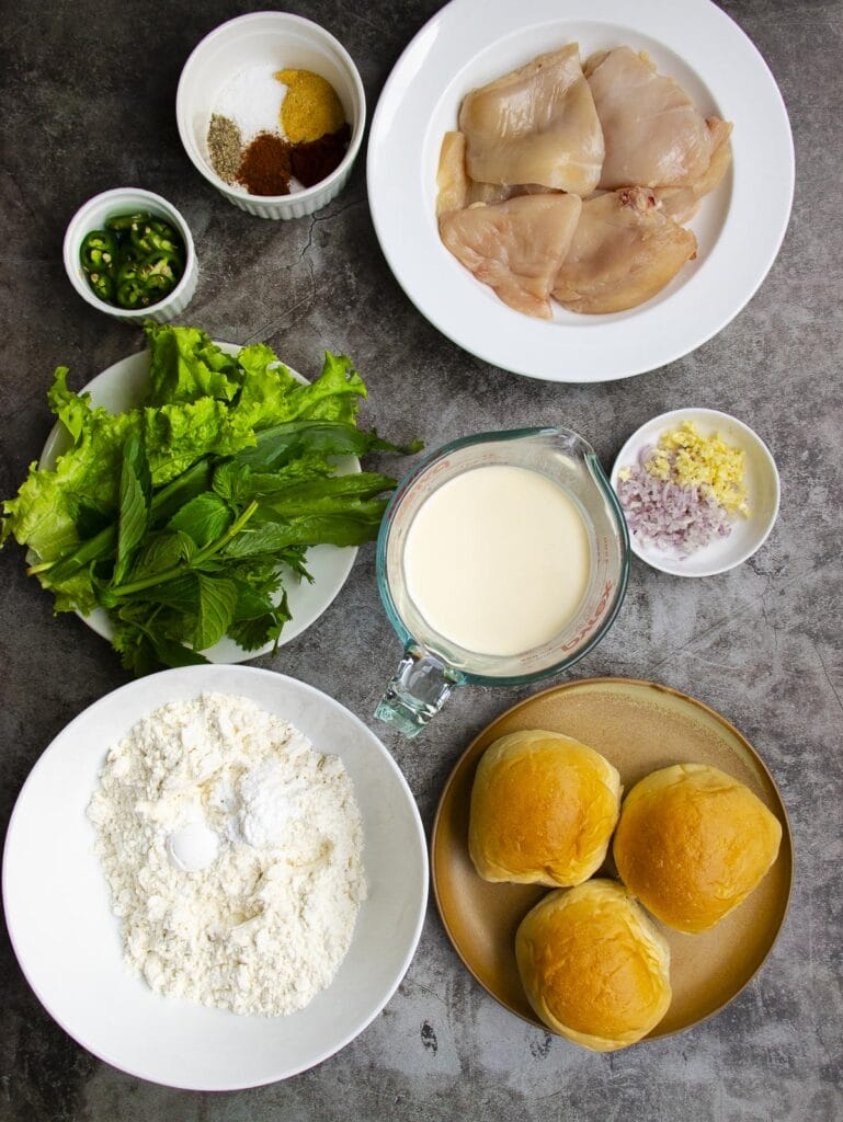 ingredients to make crispy chicken pho burger